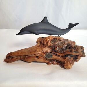 John Perry Gray Dolphin Figure On Burl Driftwood 5" by 9"